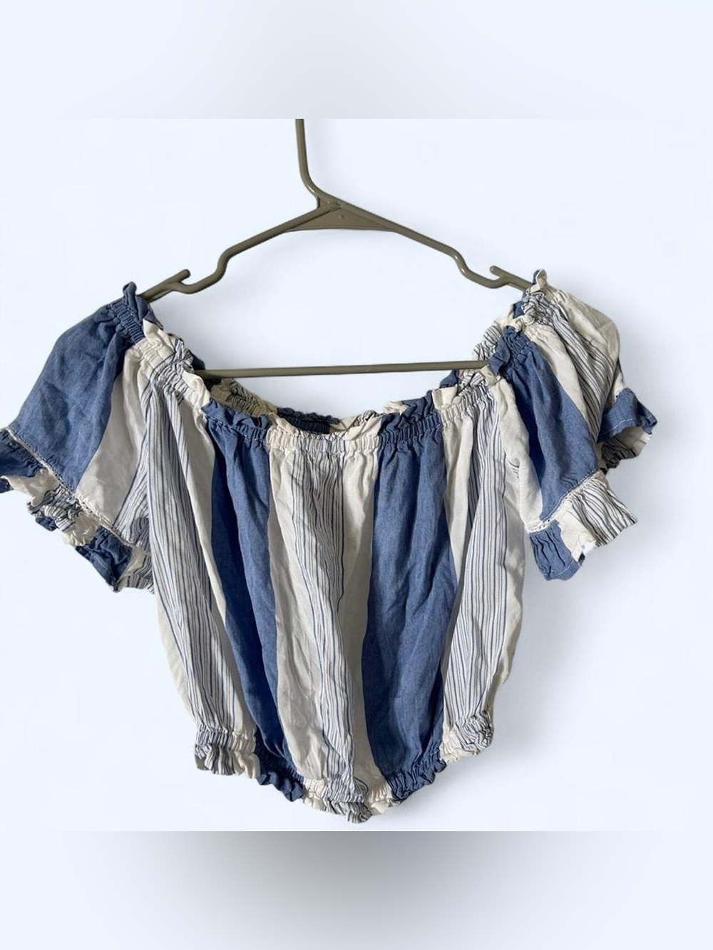 Blue and white off the shoulder blouse